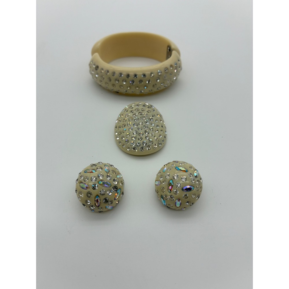 Weiss Vintage Rhinestone Cream Clamper Bracelet and Clip On Earrings Set